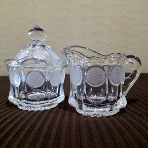 Vintage 1960's Fostoria Coin 1887 Pattern Clear Glass Cream & Lidded Sugar